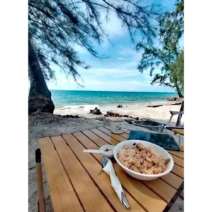 Rice noodle chicken at the beach